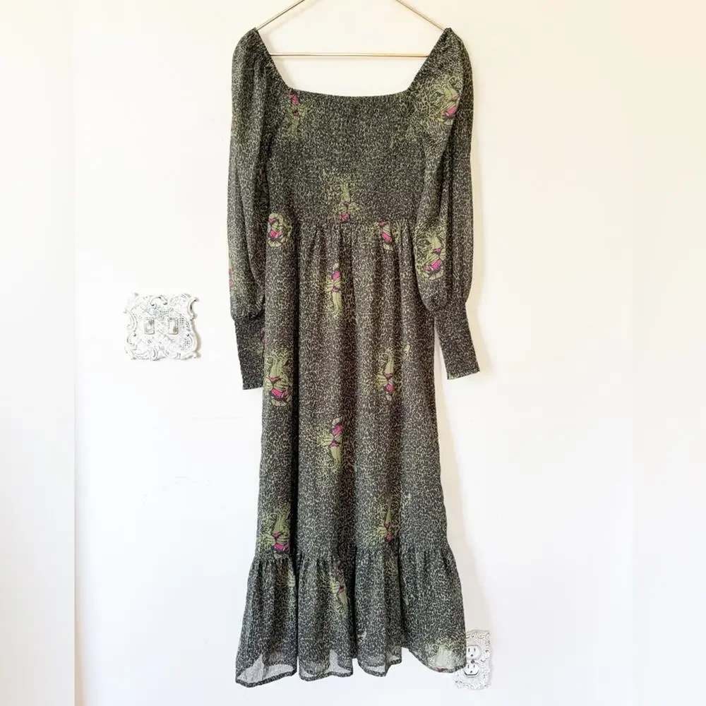 Betsy Johnson Green and Black Leopard animal Print Smocked Tiered Midi Dress S - Picture 9 of 12